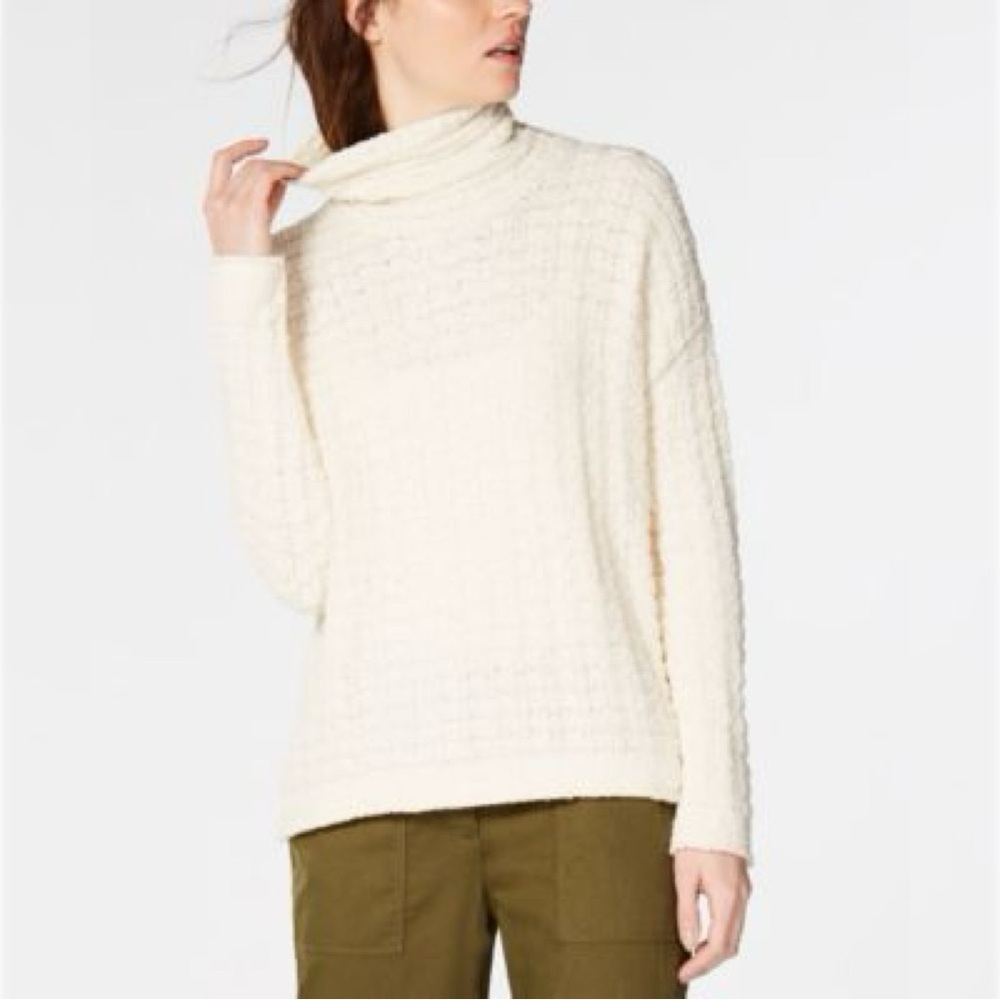 Eileen Fisher Funnel Neck Sweater Large Organic Cotton Textured Knit Coastal